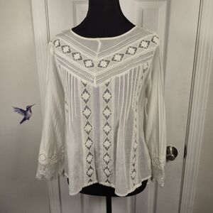 Amuse Society Ivory Lace Pin-Tuck Sheer Boho Blouse Top Size L Cottagecore